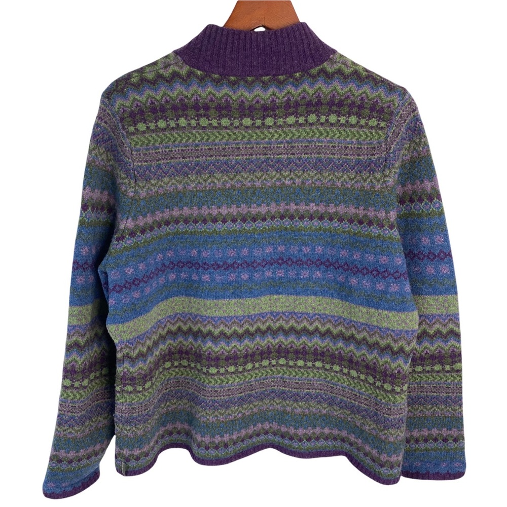 Woolrich Wool Zip Up Sweater Cardigan Womens XL Nordic Fair Isle Green Purple - Picture 5 of 9